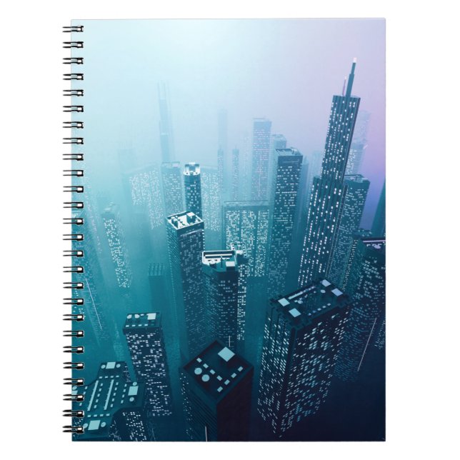 Caderno Espiral Futuro centro de cidades com arranha-céus no cibo  (Frente)