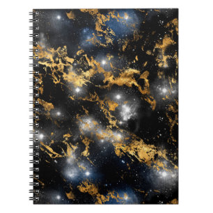 Caderno Espiral Galáxia de Mármore Preto e Dourado em Aquarela