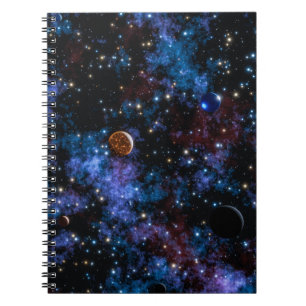 Caderno Espiral Galáxias coloridas, estrelas e planetas à noite