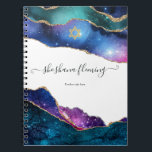 Caderno Espiral Galaxy Agate Bat Mitzvah<br><div class="desc">Galaxy faux glitter agate stone bat mitzvah caderno de oração com elegante tipografia de escrita manual personalizável para seus detalhes de evento.</div>