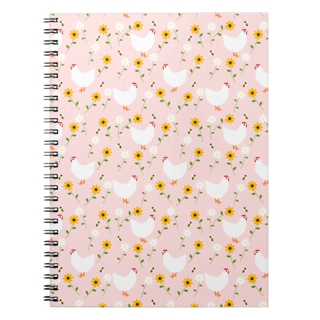 Caderno Espiral Galinhas Brancas Florais no Notebook Rosa (Frente)