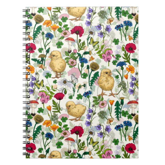 Caderno Espiral Galinhas e flores silvestres em branco-claro (Frente)
