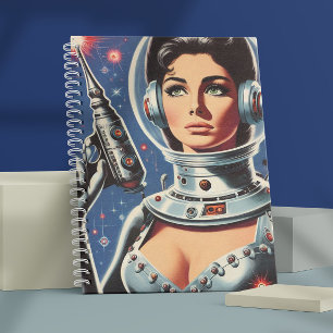 Caderno Espiral Garota Astronauta de Ficção Científica Vintage
