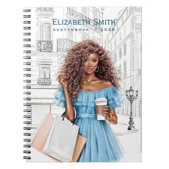 Caderno Espiral Garota Bonita com Café e Sacolas de Compras (Frente)