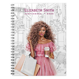 Caderno Espiral Garota Bonita com Café e Sacolas de Compras