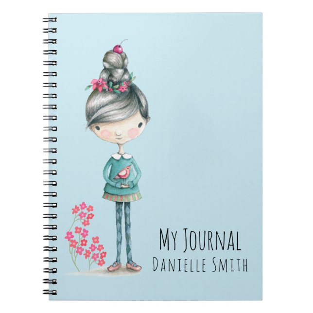 Caderno Espiral Garota Bonita De Boho Com Pássaro (Frente)