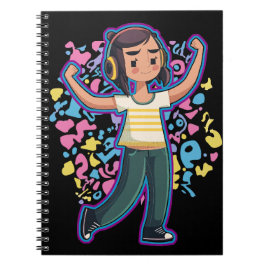 Caderno Espiral Garota com fones de ouvido confiantes e relaxantes