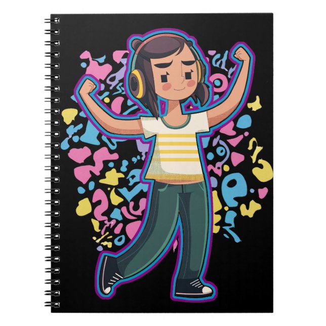 Caderno Espiral Garota com fones de ouvido confiantes e relaxantes (Frente)