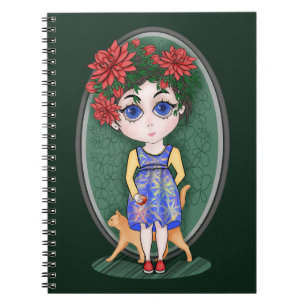 Caderno Espiral Garota com gato e maçã vermelhos. Estilo Chibi.
