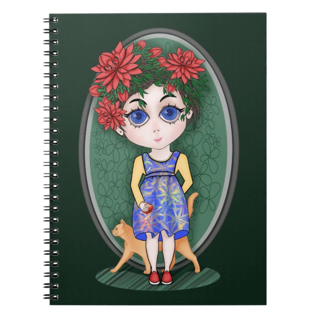 Caderno Espiral Garota com gato e maçã vermelhos. Estilo Chibi. (Frente)
