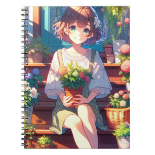 Caderno Espiral Garota de Animação Bonita segurando uma Planta