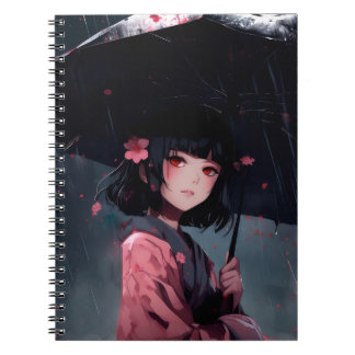 Caderno Espiral Garota de Anime com Estética Escura e Guarda-chuva