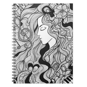 Caderno Espiral Garota e música. Ilustração Vintage. Outlin preto