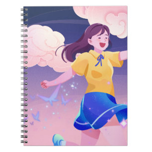 Caderno Espiral Garota Encantada Correndo por um Céu Mágico Noturn
