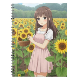 Caderno Espiral Garota Kawaii de Anime no Jardim de Girassóis