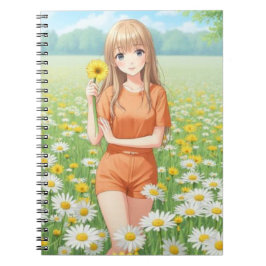 Caderno Espiral Garota Kawaii de Anime no Jardim de Margaridas