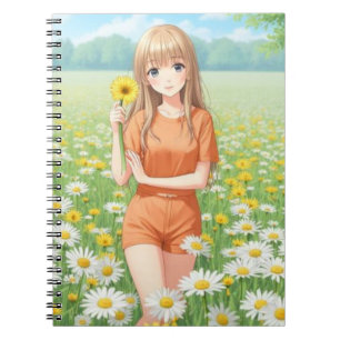 Caderno Espiral Garota Kawaii de Anime no Jardim de Margaridas