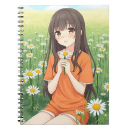 Caderno Espiral Garota Kawaii de Anime no Jardim de Margaridas