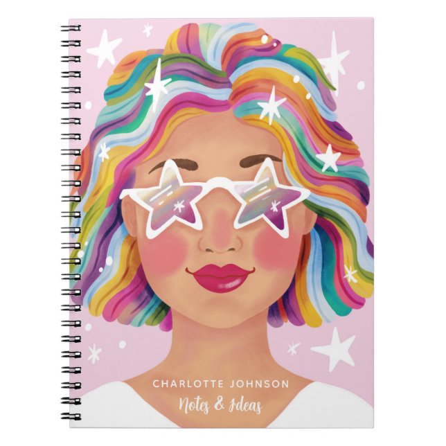 Caderno Espiral Garota-Mulher-Gato-Íris Ilustrada Personalizada (Frente)