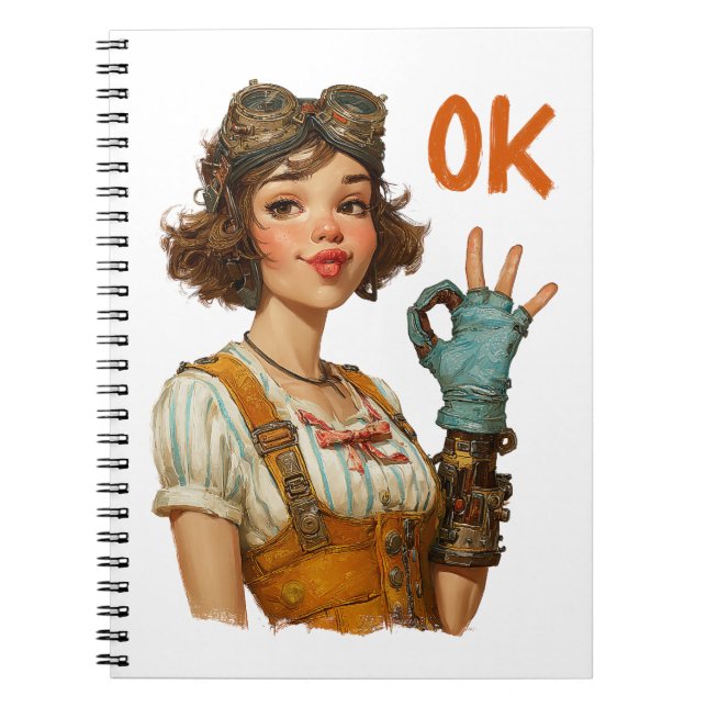 Caderno Espiral Garota Steampunk Gesto OK Confiante (Frente)