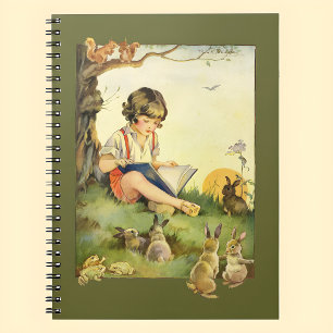 Caderno Espiral Garoto lendo debaixo da árvore com coelhos