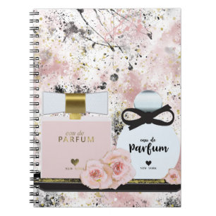 Caderno Espiral Garrafas de perfume de Nova Iorque Douradas e rosa