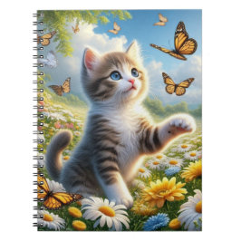 Caderno Espiral Gatinho Caçando Borboletas no Jardim de Flores
