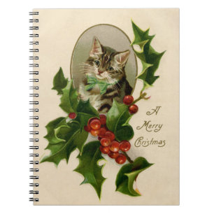 Caderno Espiral Gatinho de Natal Vitoriano em Tabby Antigo com Aze