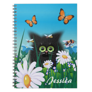 Caderno Espiral Gatinho Gato Preto Bonito com Visitas Personalizad