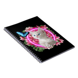 Caderno Espiral Gatinho Gelado com borboleta azul em neon tropical