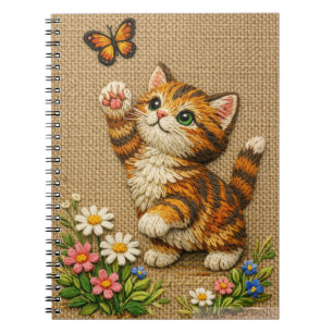 Caderno Espiral Gatinho Malhado Brincalhão com Borboleta Bordada