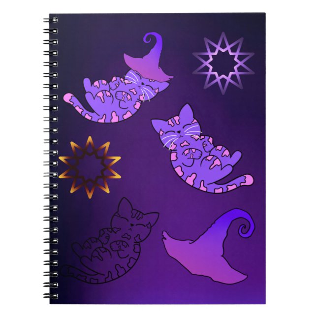 Caderno Espiral Gatinhos Roxos com Chapéus e Estrelas de Bruxas (Frente)