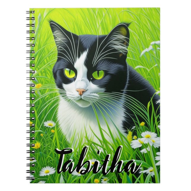 Caderno Espiral Gato Adorável Personalizado em um campo de Daisies (Frente)