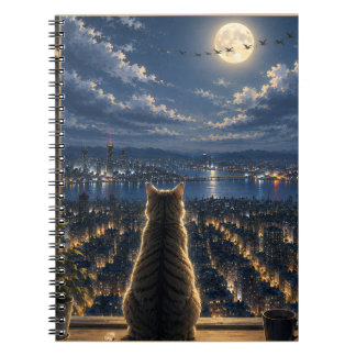 Caderno Espiral Gato ao Luar Observando a Arte da Janela Noturna d