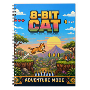 Caderno Espiral Gato, Arte Pixel Retro de 8 Bits