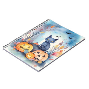 Caderno Espiral Gato Azul Oriental do Halloween com Abóboras Assus