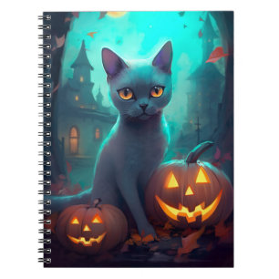 Caderno Espiral Gato Azul Russo Halloween Com Pumpkins Assustado