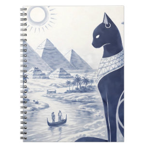 Caderno Espiral Gato Bastet do Antigo Egito e Pirâmides Azul 