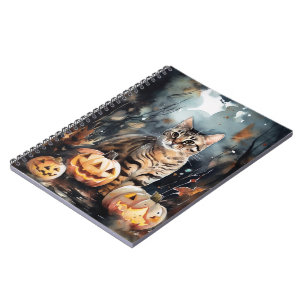Caderno Espiral Gato Bengal Halloween Com Abóboras Assustador