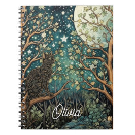 Caderno Espiral Gato boho céu noturno estrelado floresta
