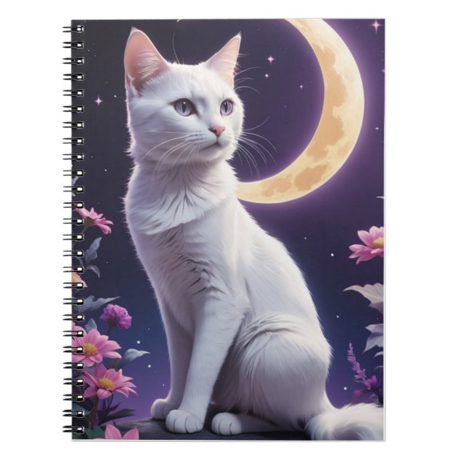 Caderno Espiral Gato bonito na lua crescente (Frente)