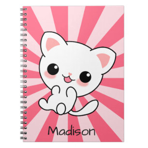 Caderno Espiral Gato branco-caii, branco, branco, rosa personaliza