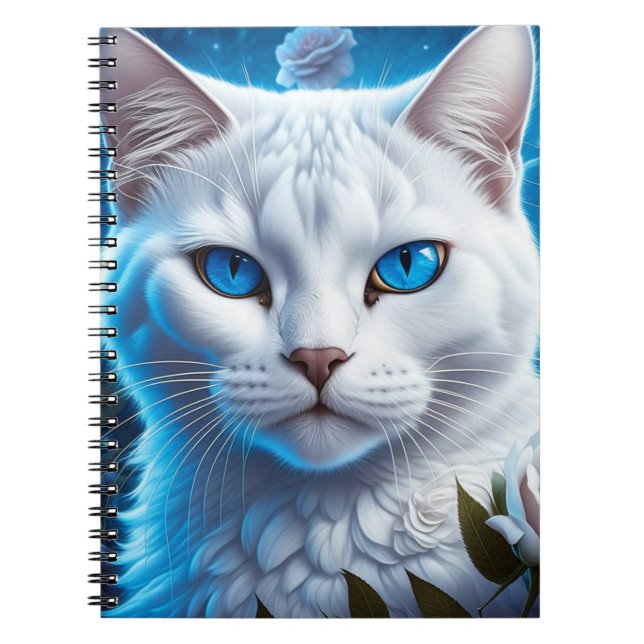Caderno Espiral Gato Branco com Olhos Azuis Brilhantes (Frente)