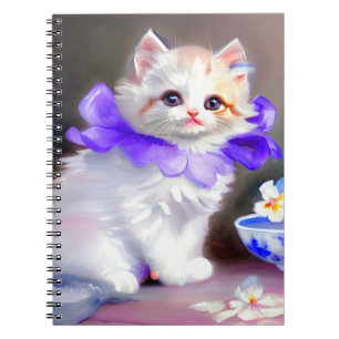 Caderno Espiral Gato branco com pintura de colarinho de flores rox