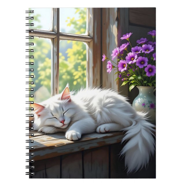 Caderno Espiral Gato Branco Dormindo e Flores Roxas  (Frente)
