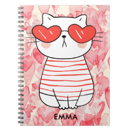 Caderno Espiral Gato branco e bonito com óculos de coração Monogra
