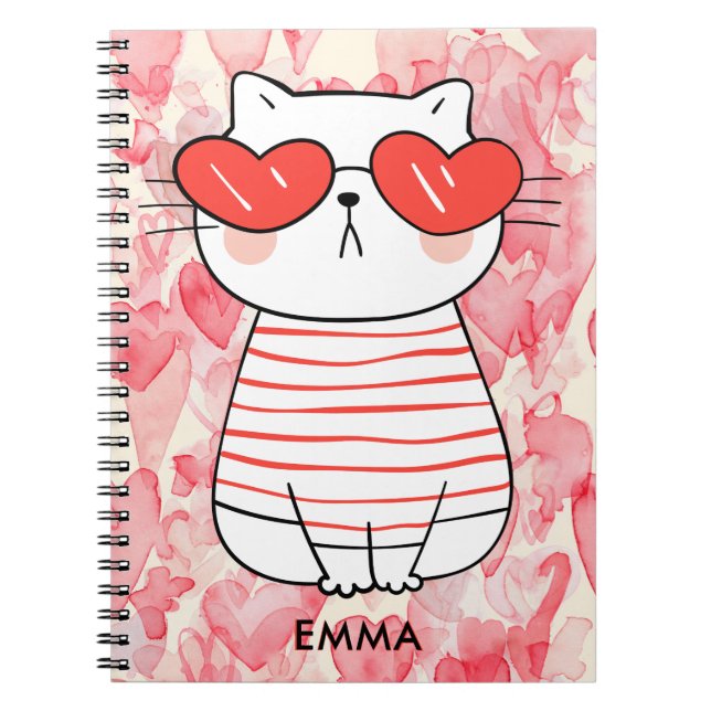 Caderno Espiral Gato branco e bonito com óculos de coração Monogra (Frente)