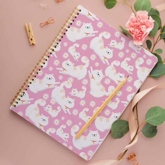 Caderno Espiral Gato branco e flor Padrão rosa (Criador carregado)