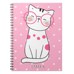 Caderno Espiral Gato branco fofo com óculos & padrão de bolinhas