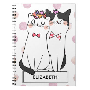 Caderno Espiral Gato Branco Girly com Padrão de Bolinhas de Aquare